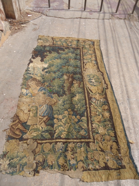 17-18th century French Tapestery Fragment with nice drawing and colors.Size 9'8"*4'10".E.mail for more info and pics.                 