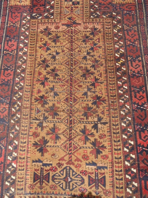 Early Baluch Prayer Rug with Silk Highlights,beauitful colors and design,Obivous condition.Size 5*2'10".E.mail for more info.                  
