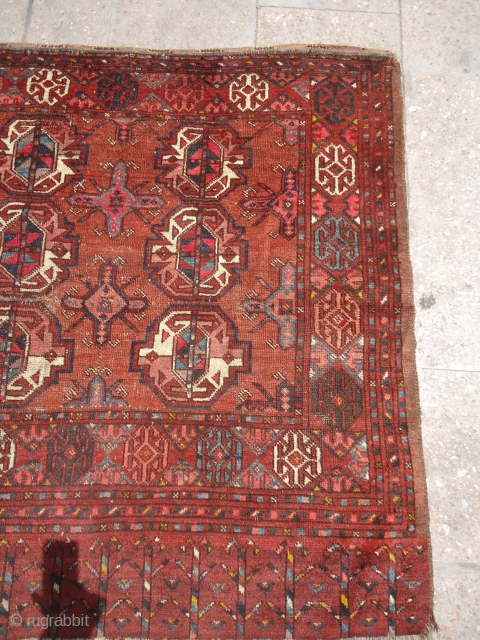 Big Central Asian Chuval with beautiful colors and guls,without any repair or work done,one whole in middle,as found,good weave and age.Size 4'10"*3'6".E.mail for more info.        