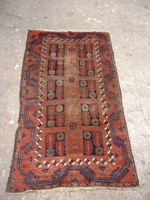 Baluch Rug with unusual design,all original condition just oxidation to black,no repair or work done,all natural colors,nice weave and age.Size 5'4"*3'11".E.mail for more info and pics.       