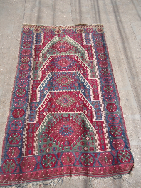 Beautiful Anatolian Prayer kilim with great natural colors and very nice desigen.All good colors,fine weave.Size 6'6"*4'2".E.mail for more info.              