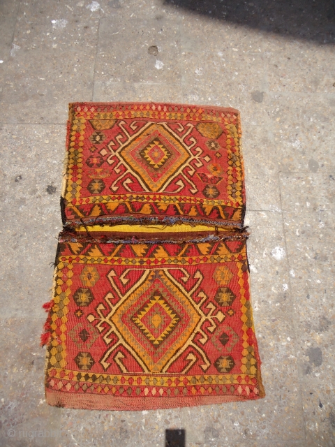 Anatolian Flatwoven Heybey with original stripe  backing,very nice design and colors,fine weave and good age,all original without any repair or work done.Size  3'1"*1'10".E.mail for more info and pics.   