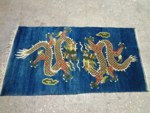 Beautiful blue ground chinese dragon rug with great colors and shiny wool.Good condition and design.Size 5'7"*3ft.E.mail for more info and pics.            