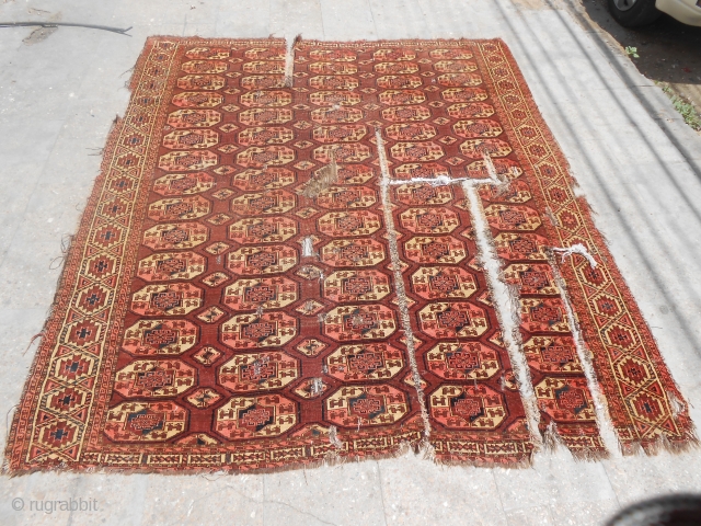 Beautiful Central Asian Rug Fragment with beauiful colors and very fine weave.As found.Size 7'10"*6'7".E.mail for more info.                