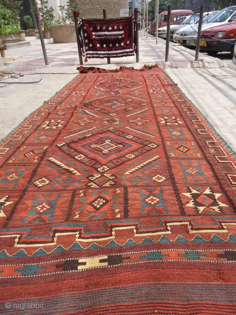 Uzbek Mashkri Kilim with nice star motif pattern,and a donkey on it. around 1900, all wool with natural colours,Size 12'6"*4'8".E.mail for more info.          