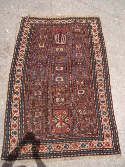 Caucasian Prayer Rug from Karabagh reigon,very unusual desigen,good age,nice colors and pattern,some old repair.Size 3'10*5'7".E.mail for more info and pics.             