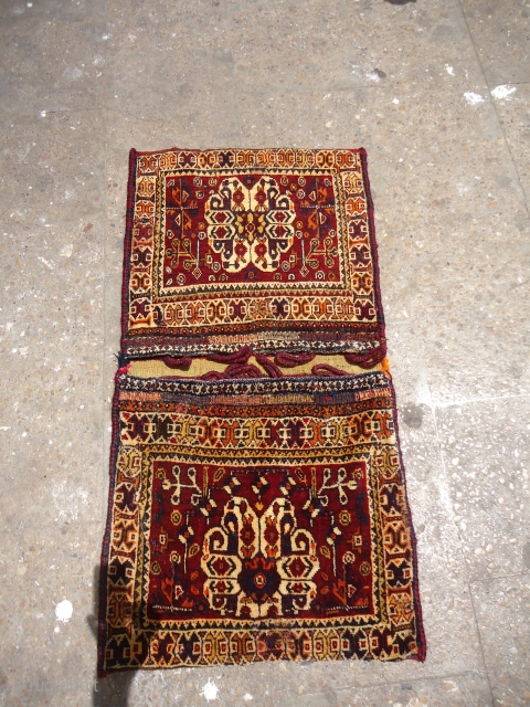 Qashqai Complete Khorjin with original Kilim backing,all good colors,nice design,some old repair done.Beautiful kilim backing.Size 3'4"*1'9".E.mail for more info and pics.            