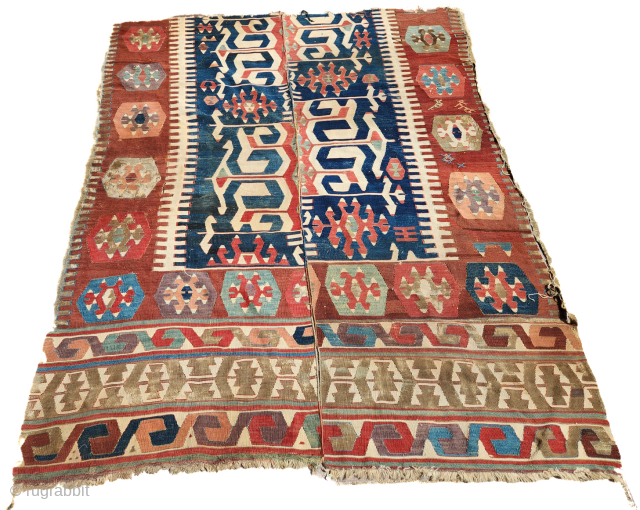 Colorfull Anatolian kilim fragment witg good colors and age,nice design.Size 6'5"*5'2".E.mail for more info and pics.                 