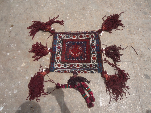 Double sided Baluch piled bag with graet colors and wool,all good dyes,soft and shiny wool,very beautiful desigen with stars in white border,all tassels are original.E.mail for more info and pics.   