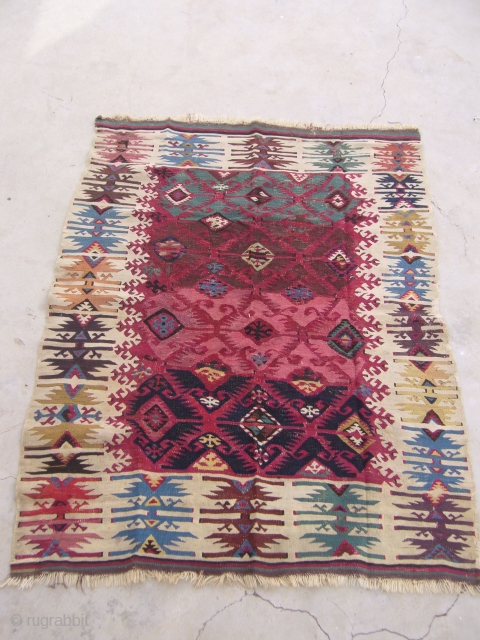Anatolian Kilim,with extra ordinary colours and beautiful desigen,very fine weave with some old repairs,very supereb pce.With some old repairs done,Size 39*50inches.Hand washed ready for use.E.mail for more info.     