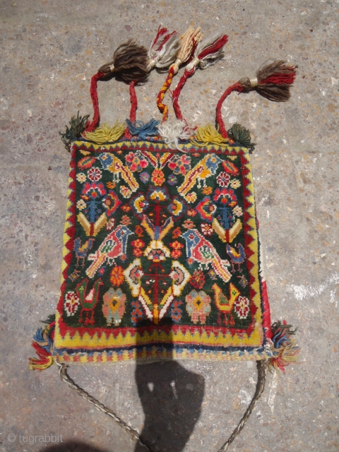 Rare green ground Qashqai or Shiraz Bag with great colors and beautiful Kilim backing,very nice desigen,all beautiful colors,All original.E.mail for more info and pics.         