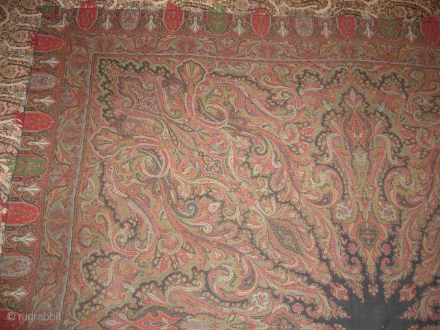 Antique Kashmir Paiselry Shawl,excllent condition,with original center cloth,only one small repair in border.Good colours and desigen.Size 5'10"*5'10".                