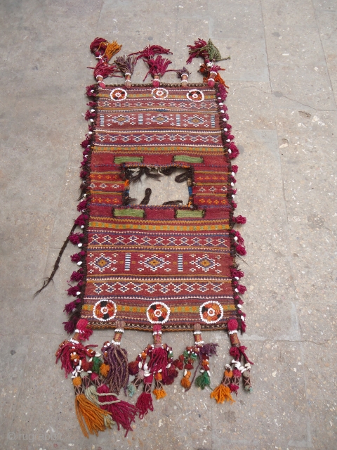 Beautiful complete flatwoven Khorjin,all original tasseles and back,very nice colors and desigen,very good condition.Size 3'9"*1'11".E.mail for more info and pics.             