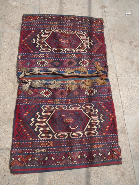 Soo pretty and fine Eastern Anatolian heybey(double bag)from the Malatya region with metal threads,beautiful colours and very fine weave,all good colours,good age,very good condition,beautiful backing,Size 4'2"*2'4".E.mail for more info and pics.  