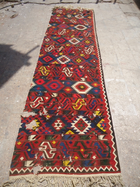 Colorfull Caucasian Kilim Large Fragment with great and extra ordinary Natural colors,fine weave and very good age.Unusual desigen,Beautiful pce.E.mail for more info and pics.         