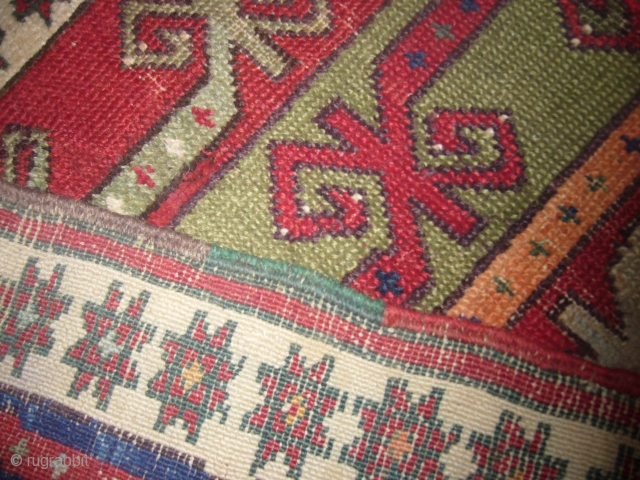 Small jewel 19th Century Anatolian Kirsehir Yastik rug,good condition,nice desigen and natrul colours,soft shiney wool,some old repair,Hand washed ready for use.E.mail for more info.         