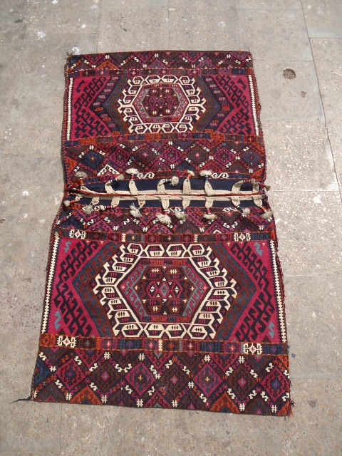 Very fine and pretty  Eastern Anatolian heybey(double bag)from the Malatya region with metal threads,beautiful colours and very fine weave,all good colours,good age,excellent condition,beautiful backing,Size 4'2"*2'4".E.mail for more info and pics.  