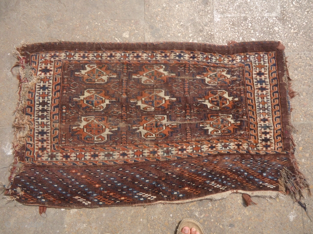 Turkmon Purple ground chuval with nice colors and design,all natural colors.As found without any repair or work done.Size 3'8"*2'1".E.mail for more info and pics.         