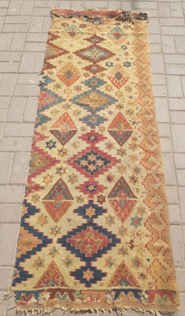 Early Anatolian Kilim fragment with all good colors,nice design.As found without any work done.Size 6’9”*2’5”.E.mail for more info and pics.             