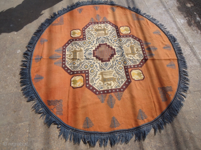 Mystery Kilim,with beautiful design ,with deer, birds and lions,beautiful colors and nice round size.E.mail for more info.                