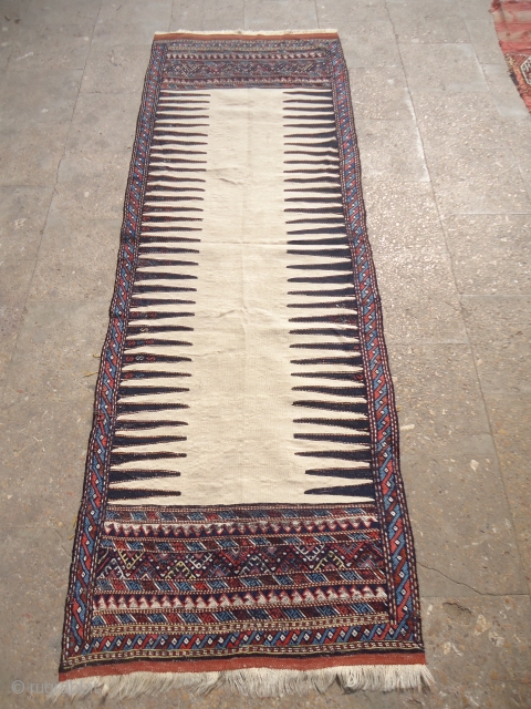 Beautiful Ivory ground Kilim with very nice desigen and colors,fine weave,good colors,nice condition.E.mail for more info and pics.               