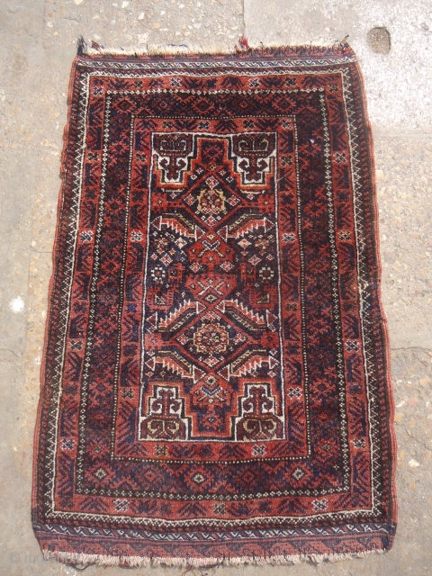 Salar Khan Baluch small rug with silk highlights and very beautiful design,with animals motif,fine weave all good colors,kilim endings,soft shiny wool.Size 2'4"*1'6".E.mail for more info and pics.      