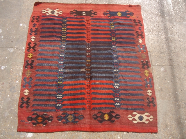 Square Anatolian Kilim ?.very nice colors and design,all original without any repair or work done,good age and weave.very nice pce.Size 4'*3'8".E.mail for more info and pics.       