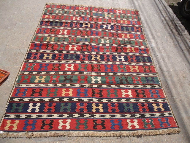 Great colorful  Caucasian Kilim with fabulous colors and fine weave,just oxidation to black,all 100% natrul colors.Wool on Wool.E.mail for more info.           