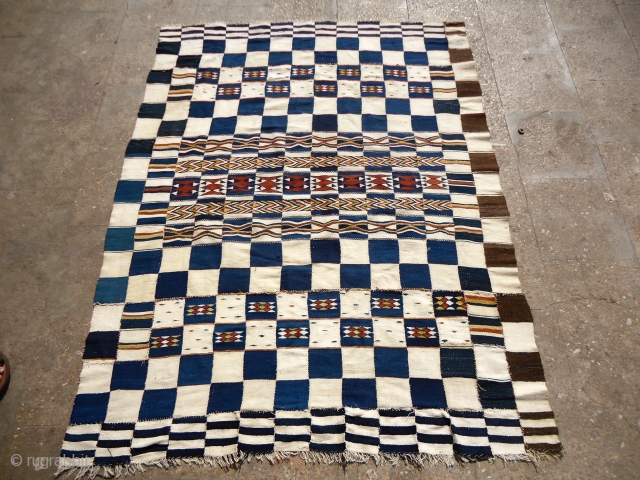 Lets play chess,Old finely woven Kilim with beautiful chess desigen,have no idea about  the origin of weaving,African ? very nice colors,made up of many small parts joint together.Size 5'5"*4'4".Email for more  ...