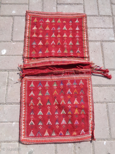 Flatwoven Qashqai Khorjin,with all good colors ,original kilim backing,good condition and design.Size 2'9"*1'5".E.mail for more info and pics.               