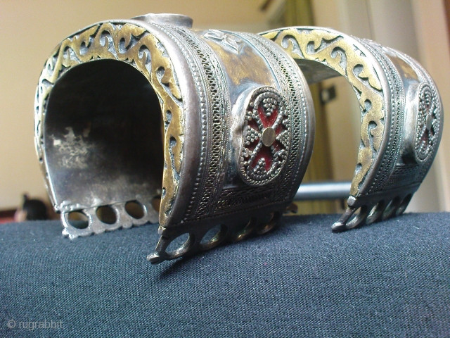 Kazak ? or Turkmen ?Silver Bracelet Pair,19th century,all good condition,stones are in good condition,very fine work of art,beautiful pcs.E.mail for more info.           