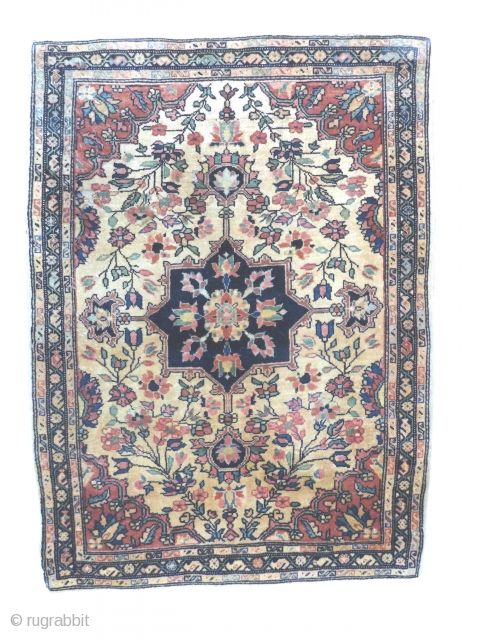 Cute little Sarough Farahan Mat. Nice pile, Sides and ends are original. Just a few minor Moth bites. This little rug has a great weave and colors.      