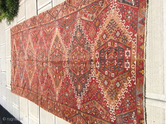 Turkish Kilim with date and signature. As most of you know these are made with two panels attached together and the design from two halfs never lineup. This one does perfectly. That's  ...
