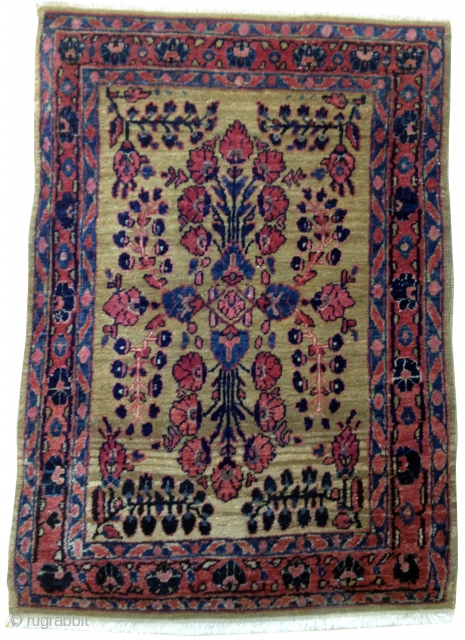 A gold Persian Sarough with full pile. Age, first quarter of last century. Size approximately 2' x 3'. Very attractive little rug!!! It is much better looking in person. The Photo you  ...