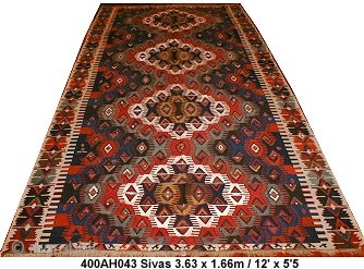 Sivas/Malatya kilim, eastern Anatolia, woven c 1885. Size: 3.63 x 1.66m 12' x 5'4".  Ref. no: 400AH003.   Condition very good, few areas of restoration, one or two small stains.
This  ...