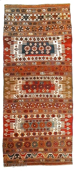 Woven: c. 1880 
Size: 4.05 x 1.64 m 13'3" x 5'5" 
Ref: 400BY004
Condition very good with excellent colour harmony.

More info:  http://www.kilim-warehouse.com/loft/400by004%20konya.htm

           