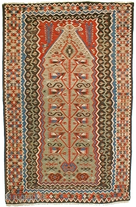 Aydin / Kula kilim, W. Anatolia.   Woven c. 1880.   Size 1.74 x 1.11m / 5'8" x 3'6".   Perfect condition, some small areas have been restored.   ...