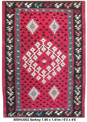 Sarkoy kilim (Thrace) woven c. 1890. Size: 1.90 x 1.41m / 6'3" x 4'6".   Finely woven, very little restoration.   Ref. no: 400HU002 

More info: http://www.kilim-warehouse.com/oldkilims/400hu002%20sarkoy.htm

    