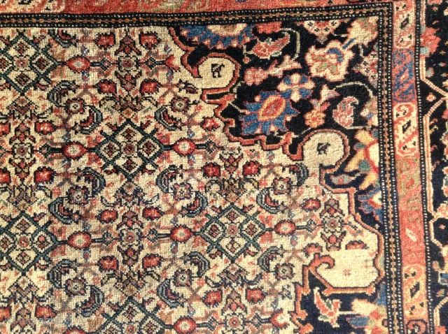 Fereghan Sarouk, 1890-1900, 41"x60", 18 vertical, 18 Horitzontal, soft flexible handle, no dry areas. Some moth areas on side, and one end, pictured. Missing at one end is a 15 1/2" area,  ...