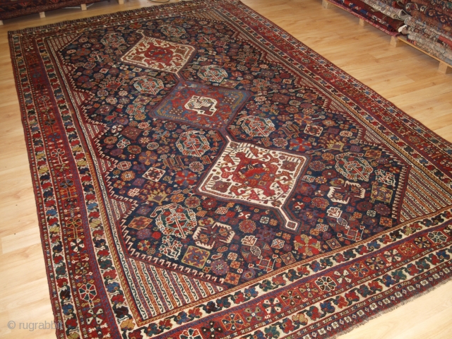 Antique south west Persian Khamseh tribal carpet of outstanding design. www.knightsantiques.co.uk

Circa 1890.

Size: 11ft 2in x 6ft 9in (341 x 205cm).

The carpet has three linked medallions each containing the emblem associated with the  ...