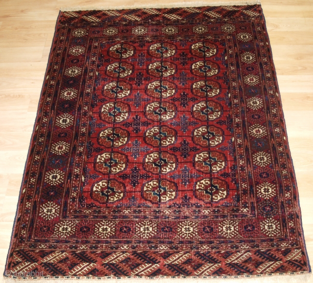 Antique Tekke Turkmen rug of small size, these rugs are generally considered to be ‘dowry’ weavings. 
Circa 1900.
Size: 4ft 5in x 3ft 3in (135 x 100cm).
This is an excellent example with three  ...
