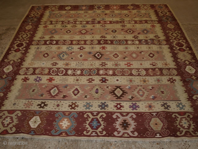 Sharkoy kilim, Western Turkey.

Size: 8ft 0in x 7ft 3in (244 x 220cm).

Old Sharkoy kilim, Western Turkey

Circa 1920

Sharkoy kilims are also known as Sarkoy or Thracian, they originate from Western Turkey or the  ...