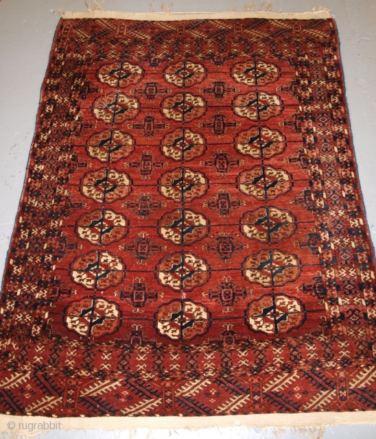 Antique Tekke Turkmen rug of small size, 4ft 11in x 3ft 7in (150 x 108cm).
http://www.knightsantiques.co.uk/492545/antique-tekke-turkmen-dowry-rug-of-small-size-very-soft-wool-4th-quarter-19th-century/
                  