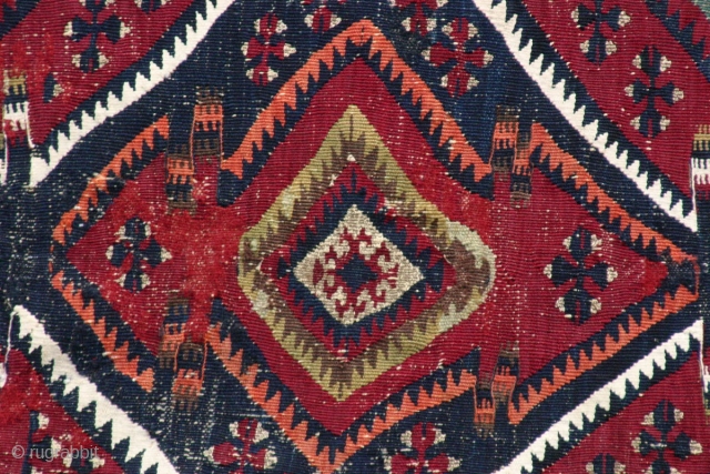 {66} Malatya small Kilim, 90 x 133 cm., late 19th c., w/ cotton and metal threads. Vibrant, saturated natural dyes. A small treasure in terms of drawing and color palette. Attention: reduced  ...