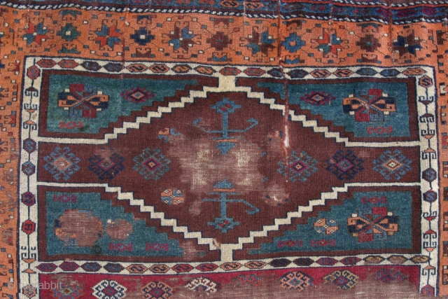 {46) 130 x 194 cm. This early 20th c. (perhaps late 19th c.) Kurdish rug from Antep is expertly mounted on linen to preserve its structure. Astoundingly soft wool. Workmanship is superb,  ...