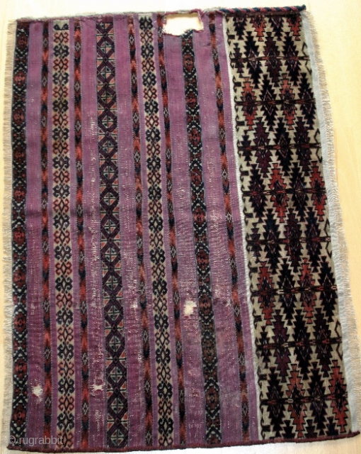 (45) Tekke Ak çuval fragment - 62 x 86 cm. - featuring the ashyk (bone oracle) motif in the pile-faced skirt. Purple dye in the flat woven bands is quite attractive. One  ...