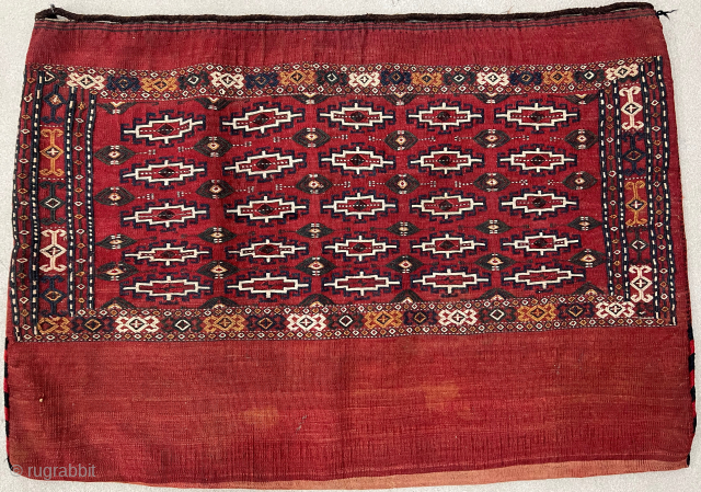 3 x 4½ ft (90 x 130 cm), Turkomen saddlebag in Sumak weave. Excellent condition, but some tea has been spilled on it.

We're having trouble with rugrabbit email. Please call me at  ...