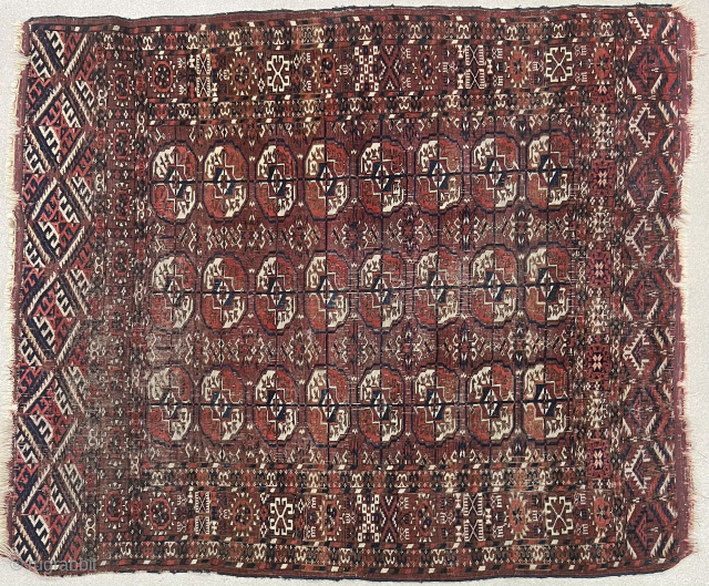 Turkoman Tekke, 19c. 3½ x 4 ft (105 x 125 cm), fair condition.
We're having trouble with rugrabbit email. Please call me at +1 (952) 853-5000 or use my website, https://kuroshrugs.com.