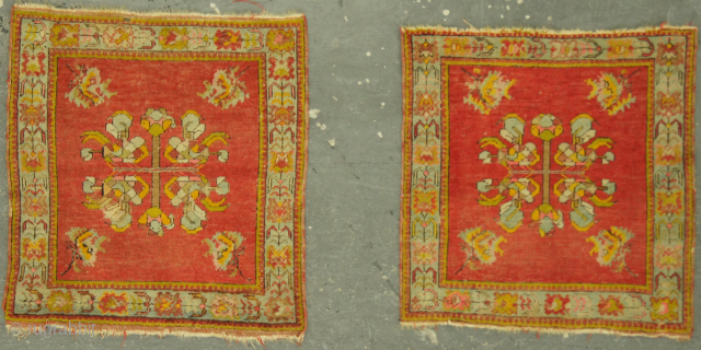 Pair of Turkish rugs, possible Ushak, 19th c. 2½ x 2½ ft (75 x 75 cm), areas of oxidized brown.             