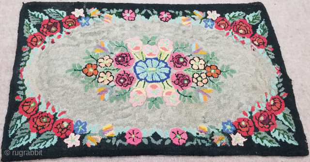 Rag rug - floral, c. 1900. 2 x 4 ft (60 x 120 cm), good condition.

Rag rugs were made for home use by immigrants to America (mostly East and Midwest) out of  ...